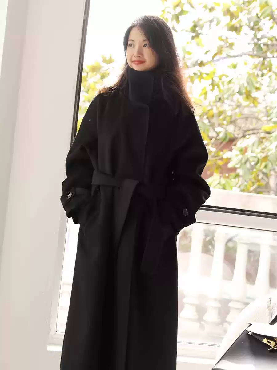 领子多穿 丝绸般亲肤 30/100绒超美黑色双面小山羊绒大衣毛呢外套