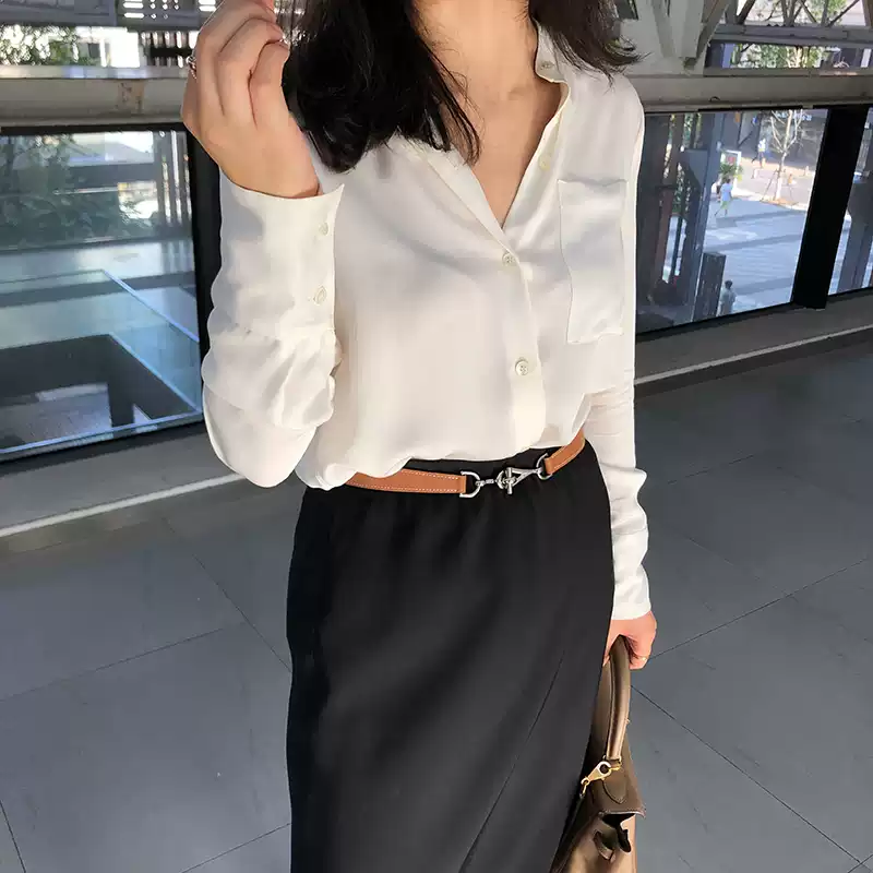 LANFLORA 小立领 高端职业重磅真丝衬衫春夏衬衣设计感小众上衣女