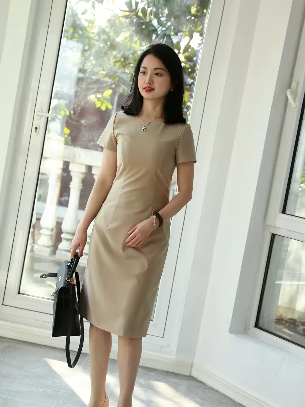 进口可水洗弹力精纺羊毛高端精致短袖连衣裙女春夏新款裙子