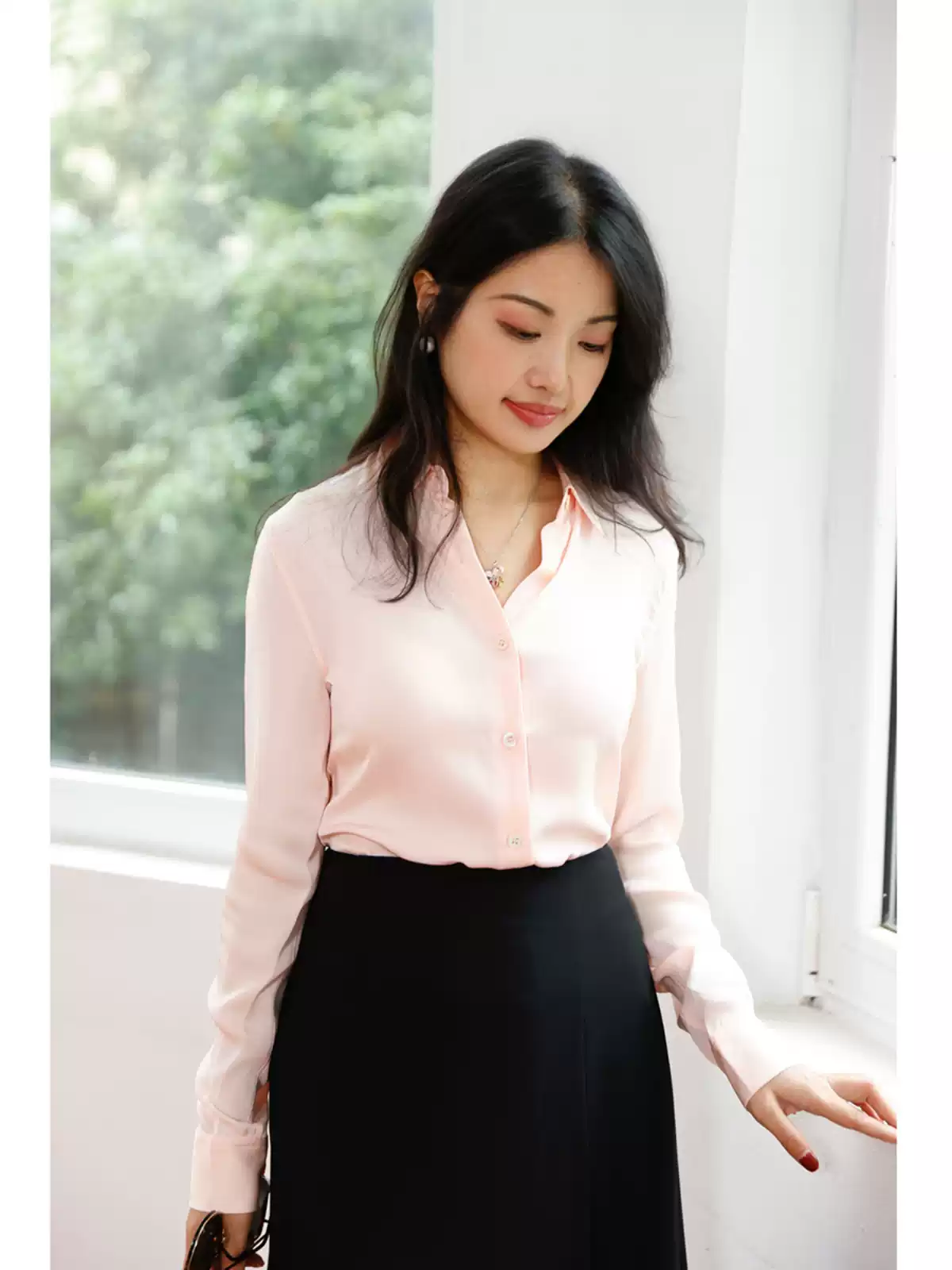 6A级重磅真丝设计感桑蚕丝浅粉色上衣衬衫女衬衣春夏女新款